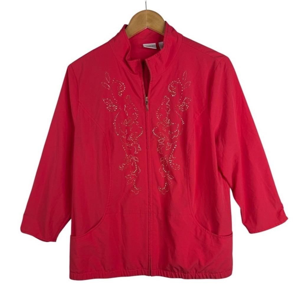Chico's Zenergy Coral Red w/Gold Lightweight Full Zip Neema Jacket Sz 2 | US L